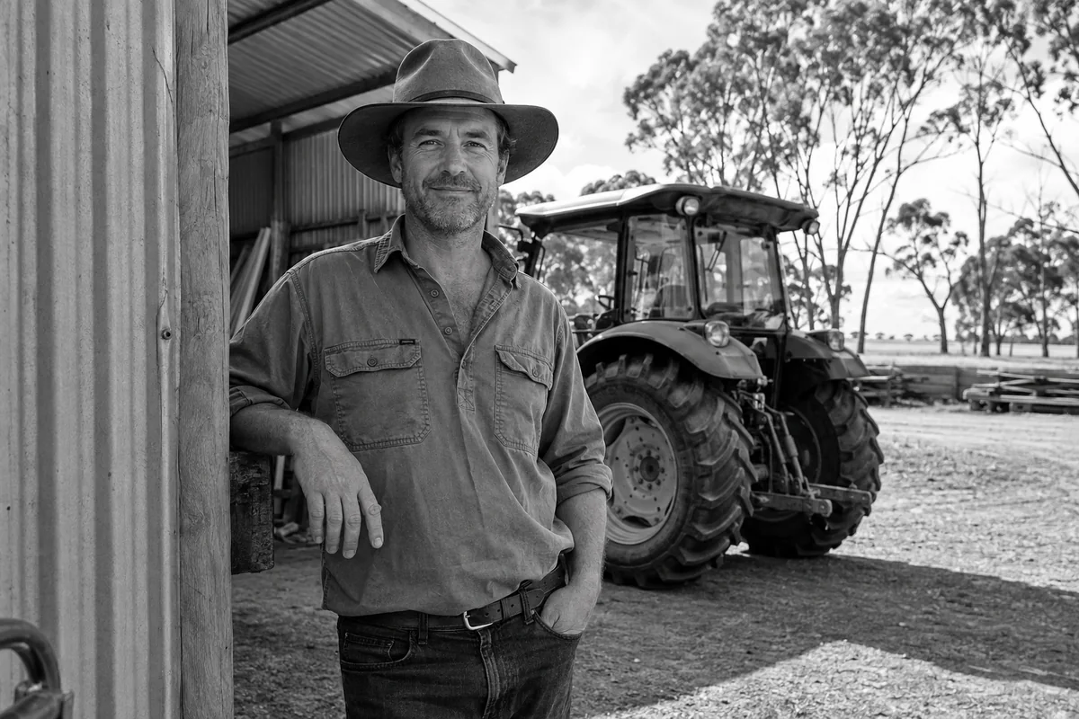 Australian agricultural business owner beside farm equipment.