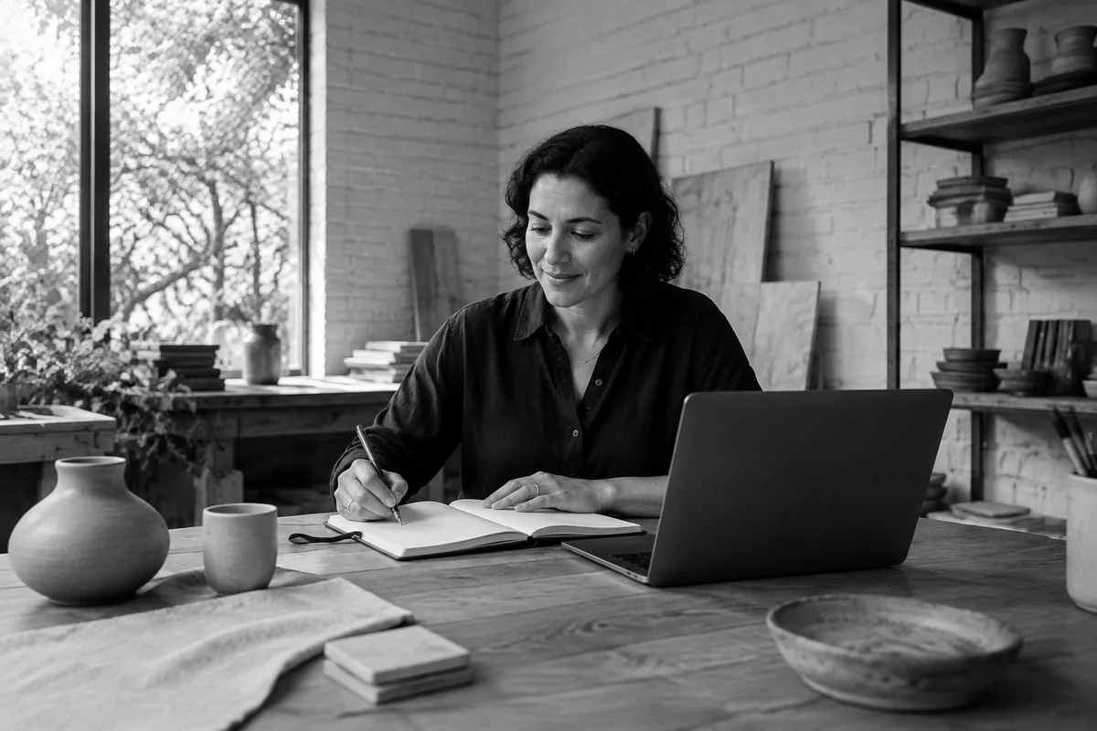 Australian business owner reviewing a notebook and laptop in a design studio.