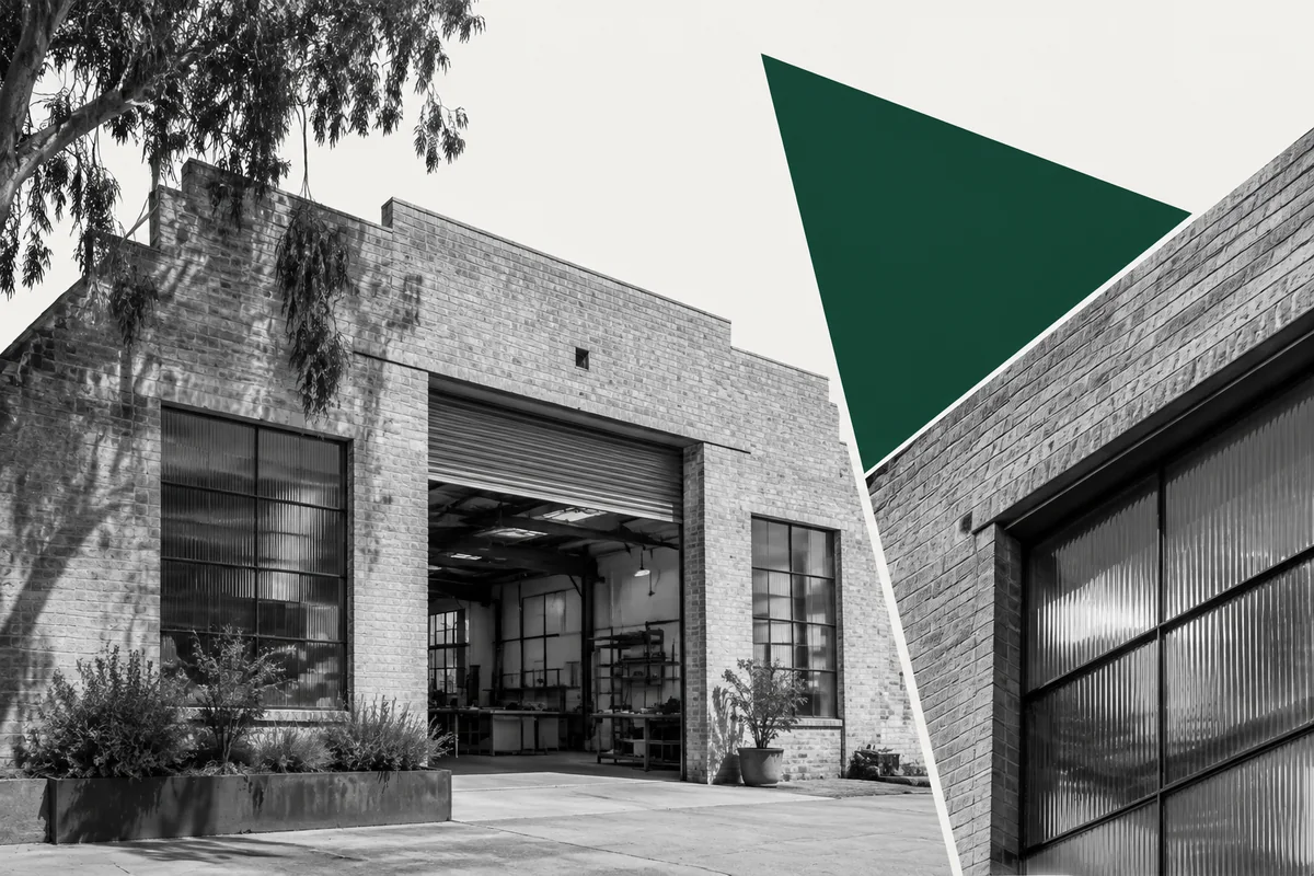 Editorial collage of Australian warehouse premises, eucalyptus and an emerald architectural plane.