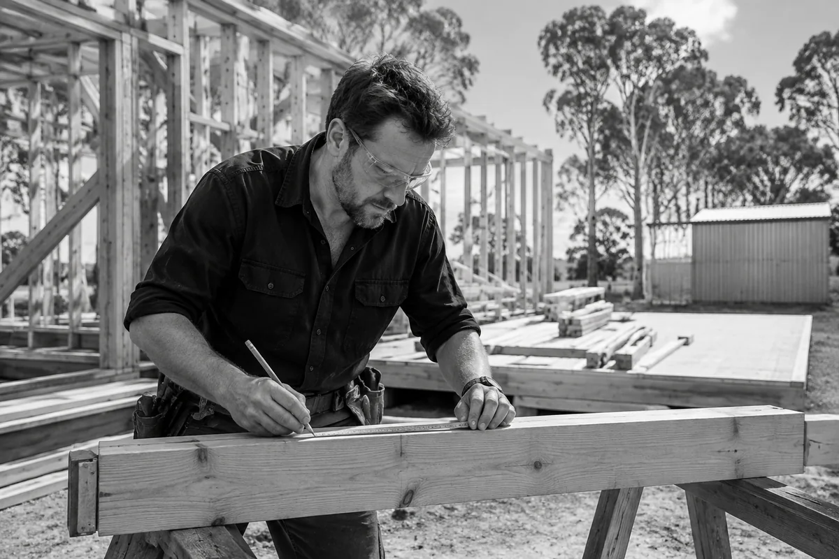 Australian carpenter measuring timber on a building site.