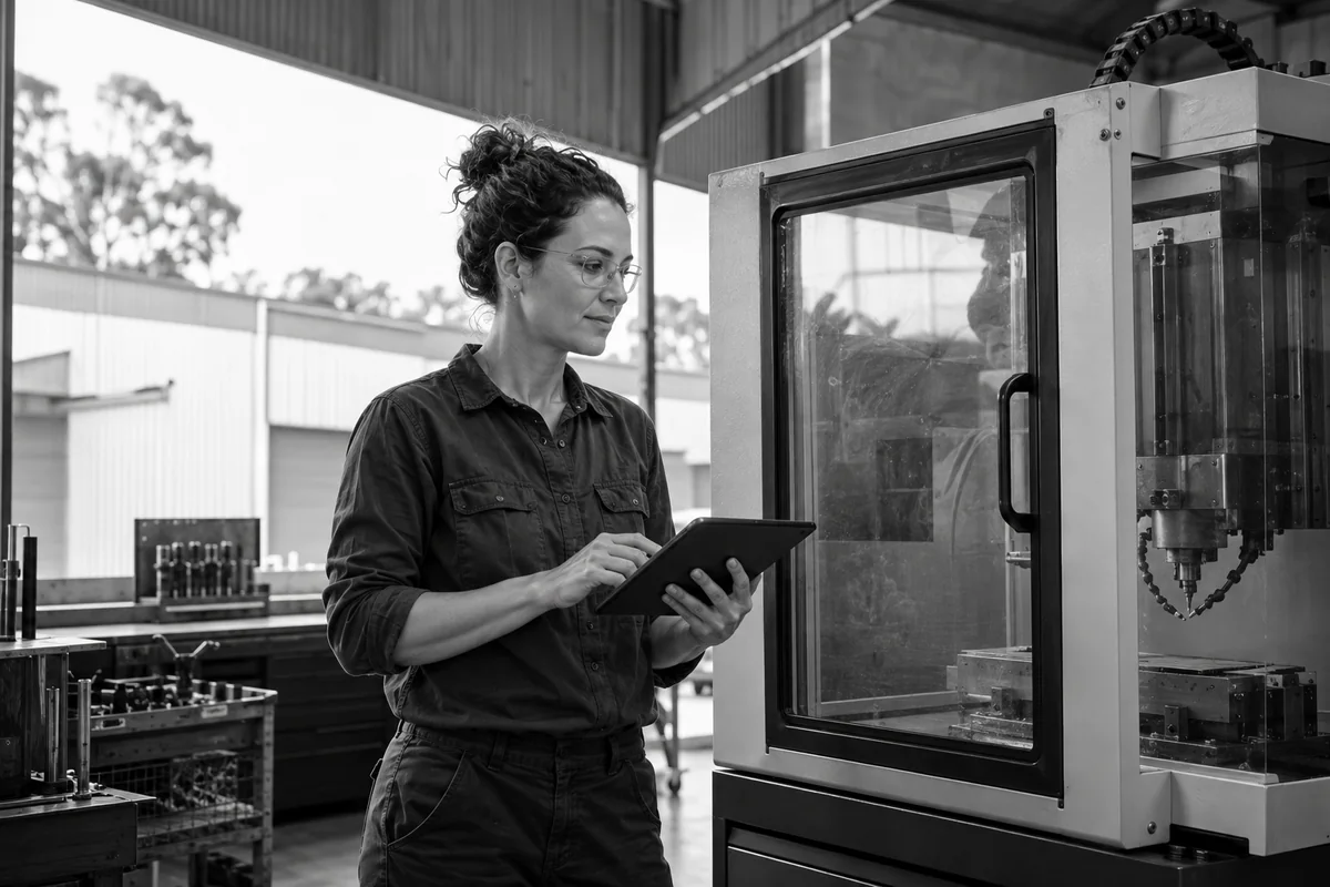 Australian workshop owner reviewing a tablet beside enclosed stationary equipment.