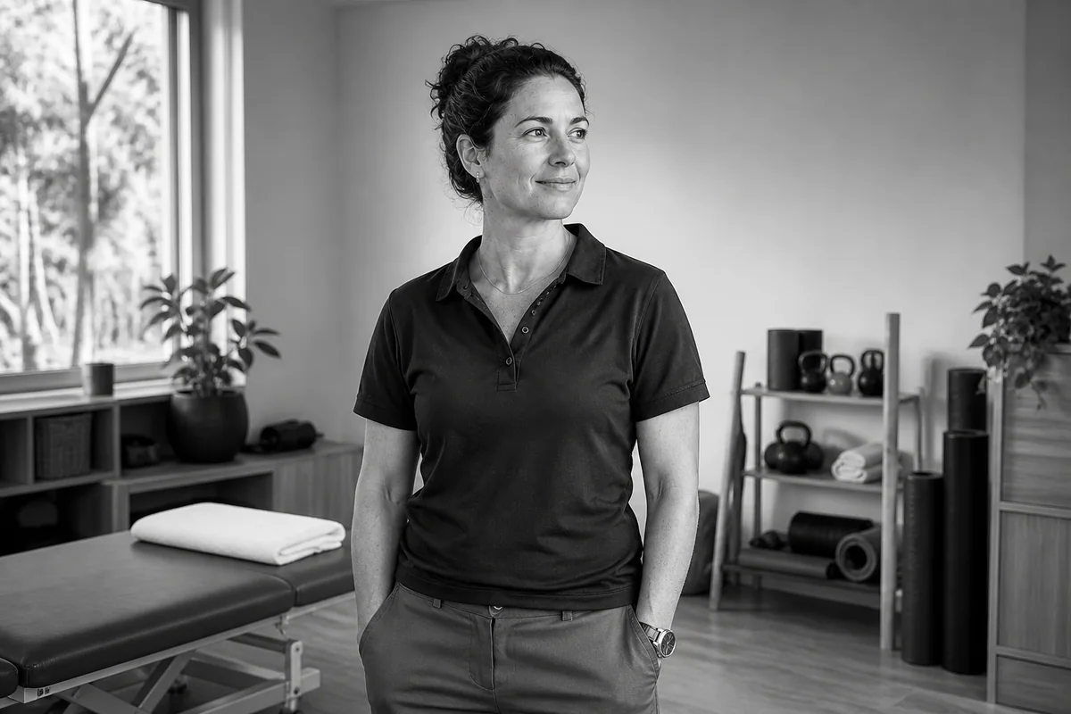 Healthcare practitioner in a bright Australian physiotherapy studio.