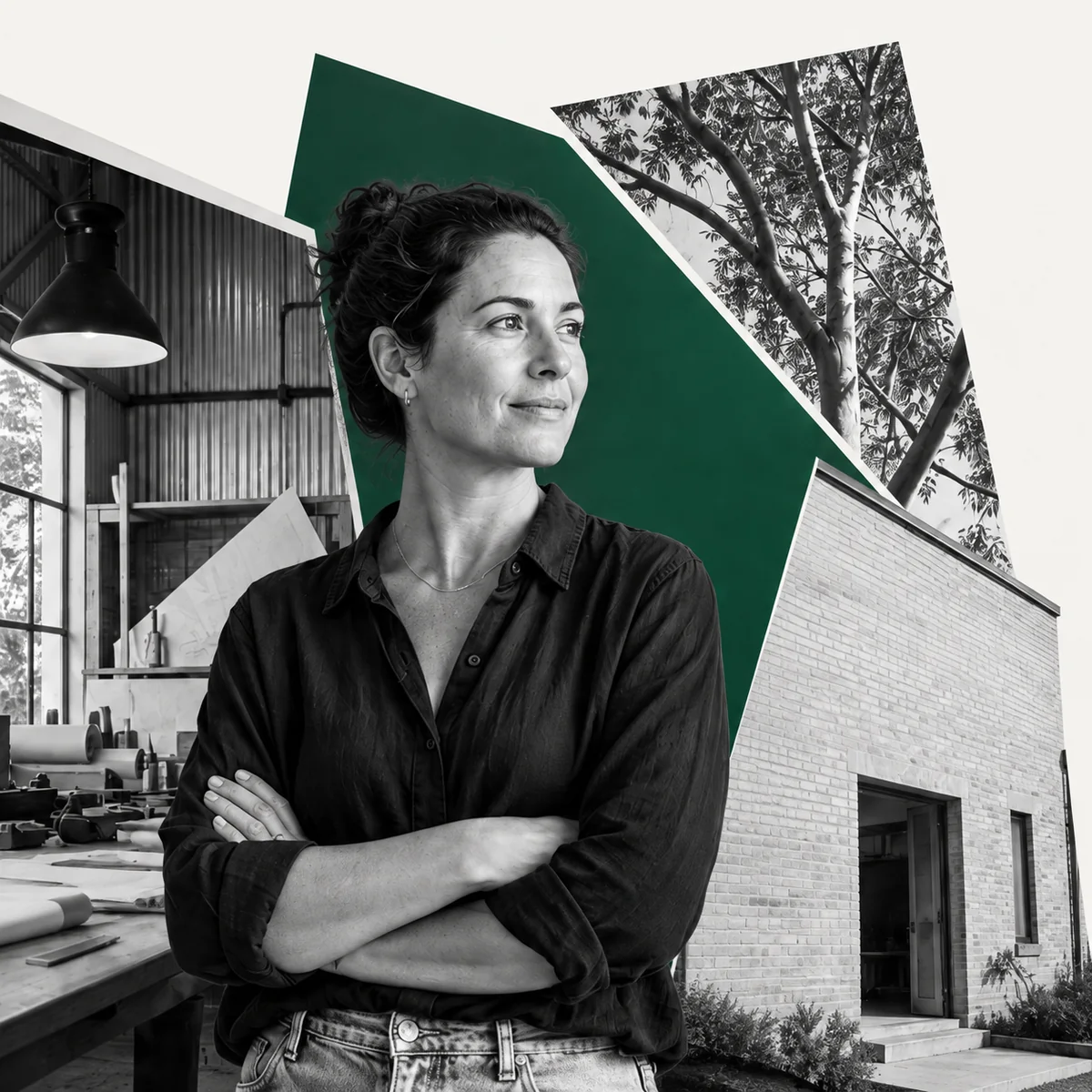 Monochrome Australian business portrait with workshop and eucalyptus collage.