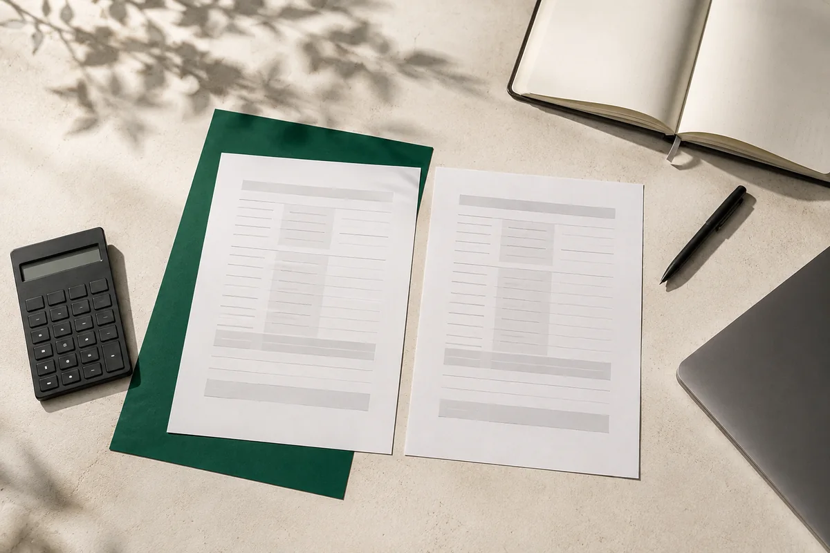 Two documents laid out for comparison with a calculator, notebook and emerald paper on a sunlit desk.