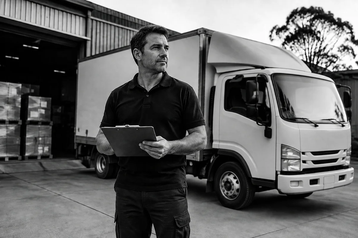 Australian transport operator reviewing paperwork beside a stationary truck.